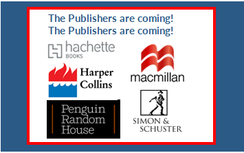 graphic of event with top 5 NYC publishers logos: Hachette, MacMillan, PRH, Harper Collins, Simon & Schuster