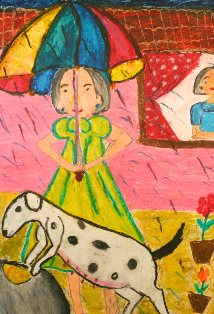 Girl under an umbrella walking a white dog with black spots in the rain while a woman looks at her through a window