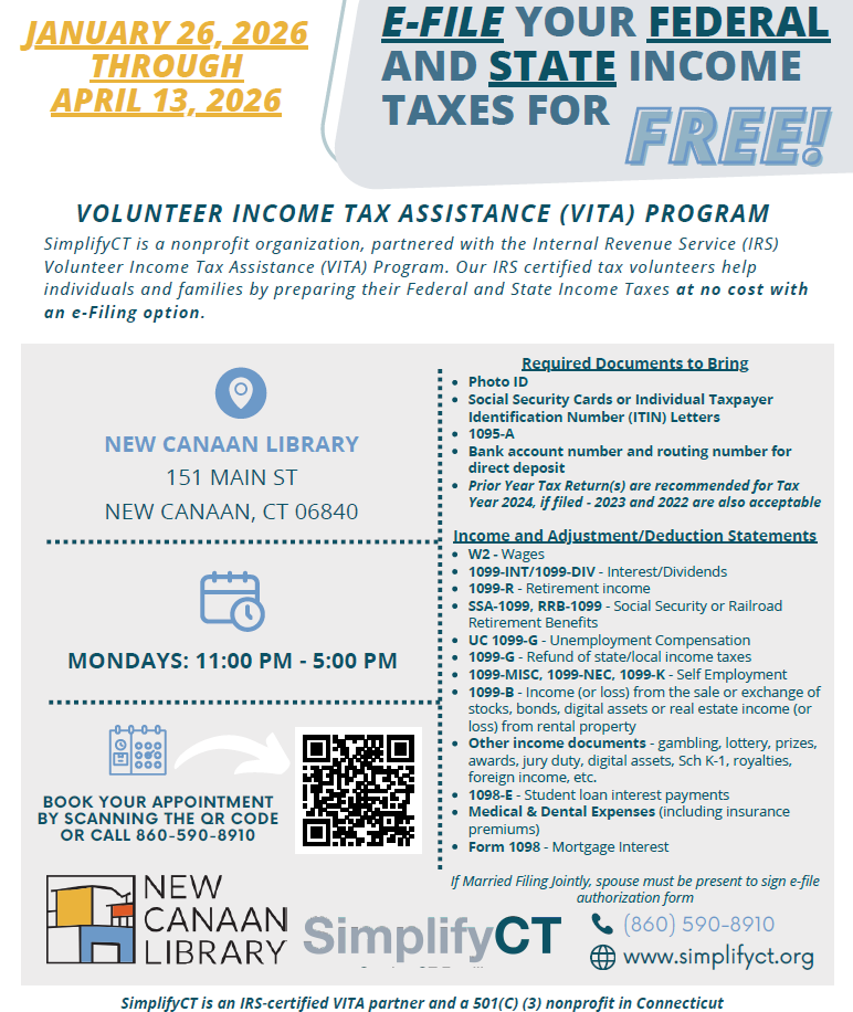 Simplify CT tax prep available Mondays from Jan 26 to Apr 13 at the New Canaan Library.