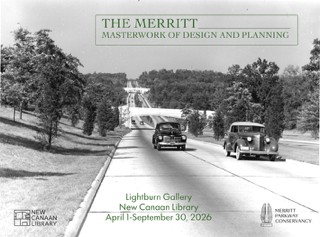 Black and white photograph of Merritt Parkway with vintage cars driving on it
