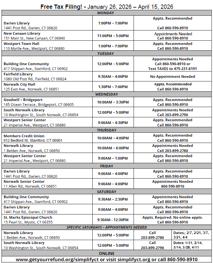 List of all sites offering tax prep, contact 203-594-5003 for more information.