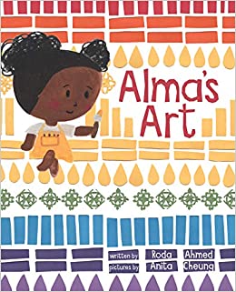 The Cover illustration for "Alma's Art"-a Black child sitting on a colorful patterned background.