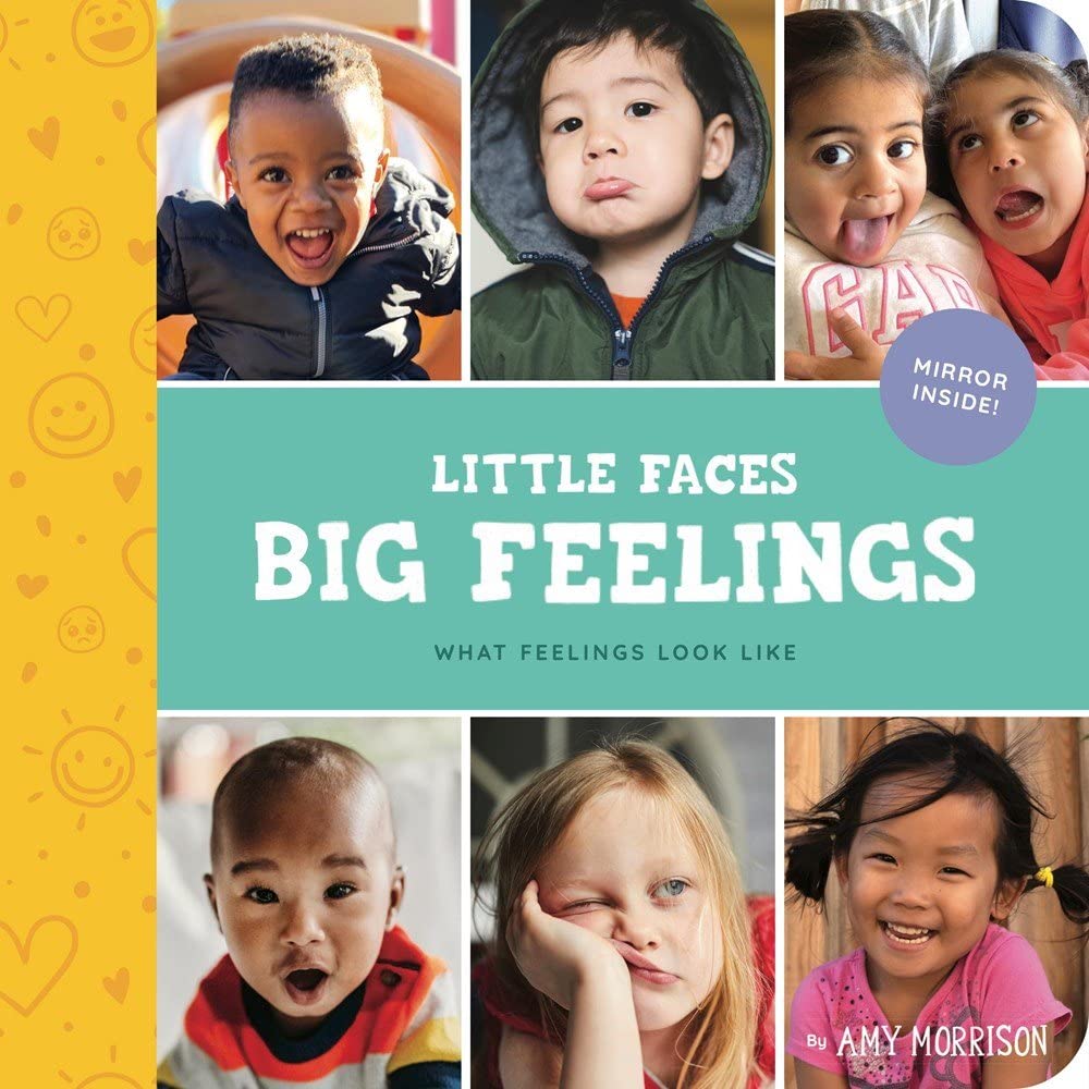 Cover for "Little Faces, Big Feelings" featuring photographs of six babies of various skintones and hair types making different facial expressions.