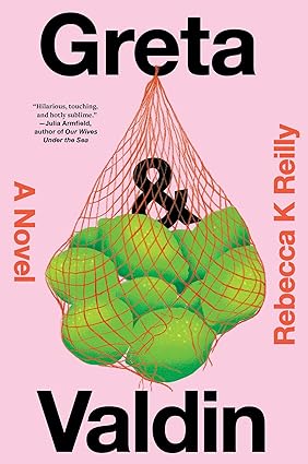 Cover for "Greta and Valdin" a pink background with a central image of limes in a mesh bag.