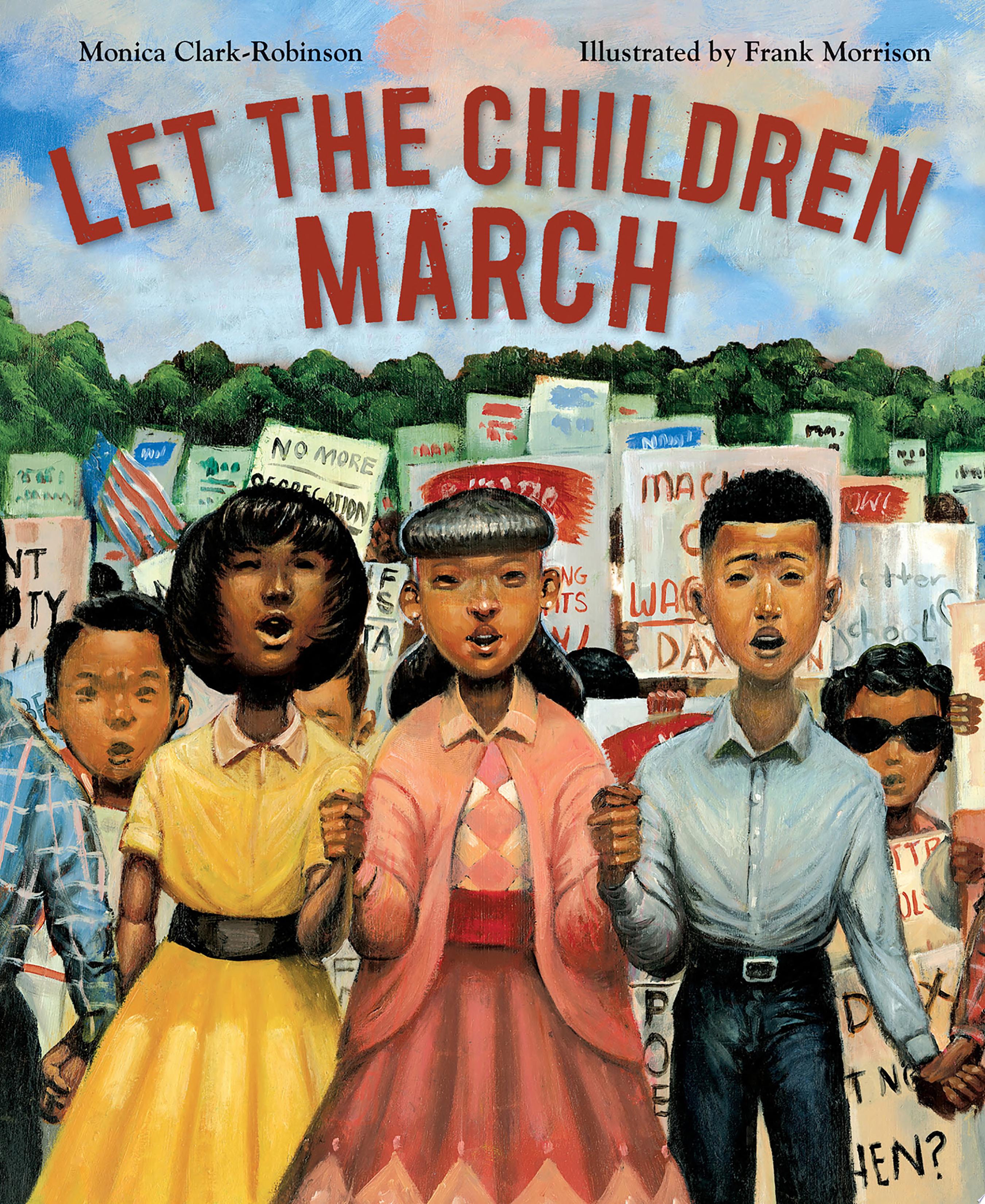 Image for "Let the Children March" - an illustration of Black children standing at the front of a protest.
