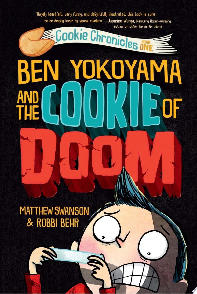 Cover illustration for Ben Yokoyama and the cookie of doom - a cartoon boy with a scared face looking at a fortune from a fortune cookie.