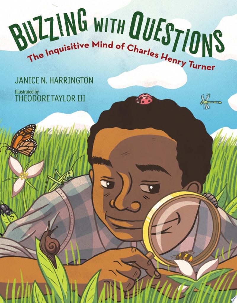 Image for "Buzzing with Questions" -a Black boy lays in a field of grass, examining a bee with a magnifying glass..