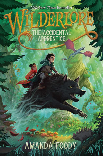 Cover illustration for the "Accidental Apprentice" - two children riding a fantastical leaping wolf