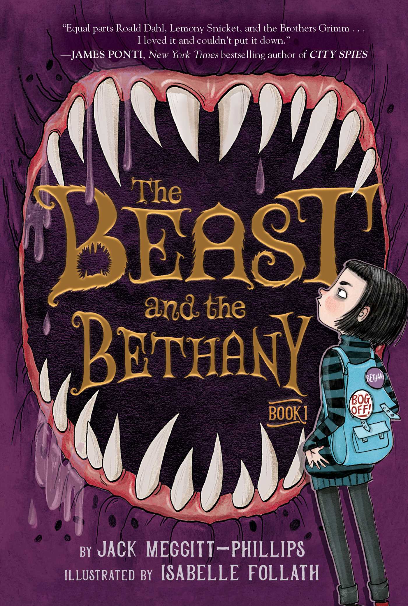 The Cover illustration for The Beast and the Bethany - a white child staring into the mouth of a monster with sharp teeth.