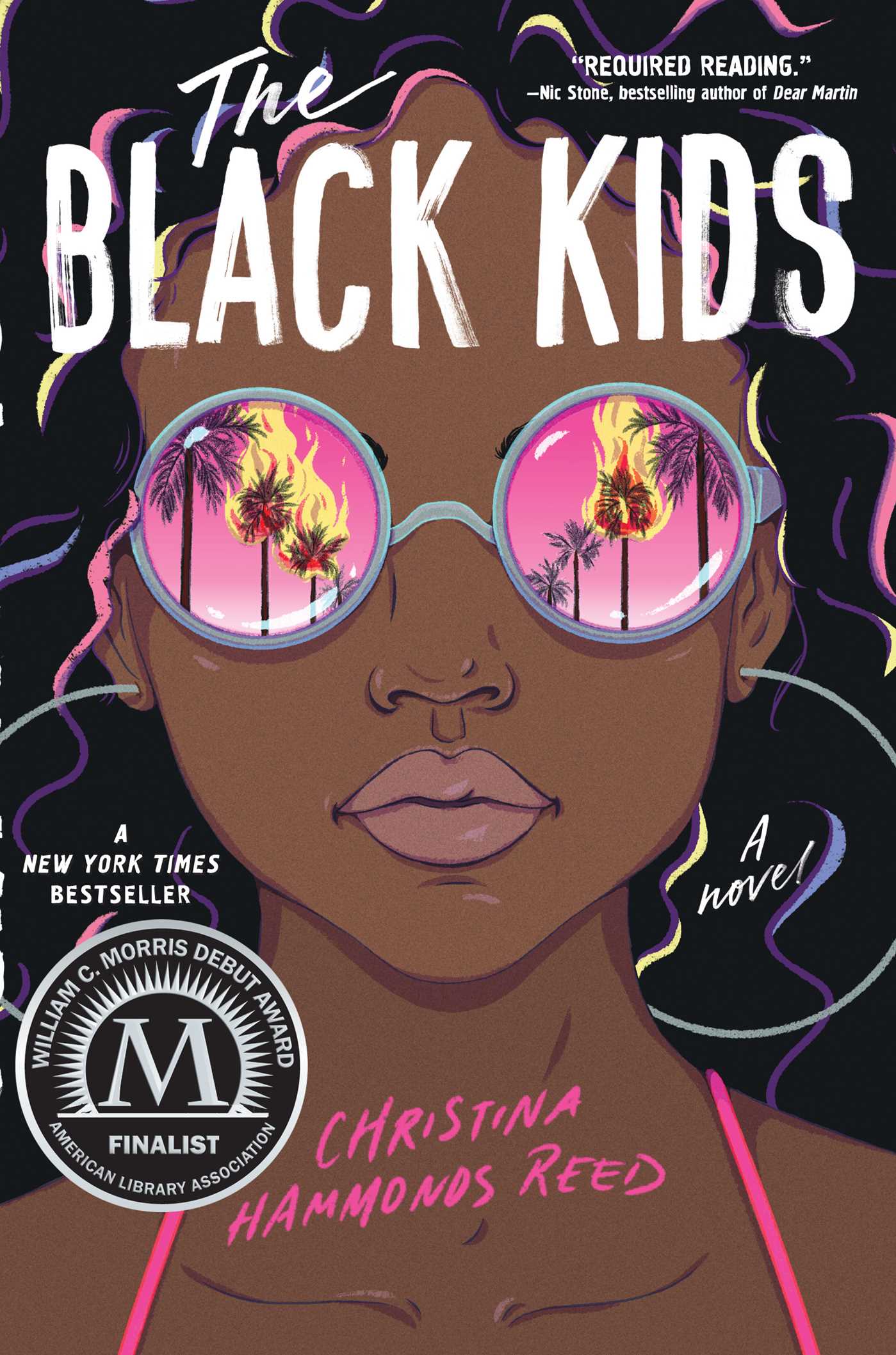 Cover illustration for "The Black Kids" - a Black teen wearing large sunglasses reflecting California palm trees,