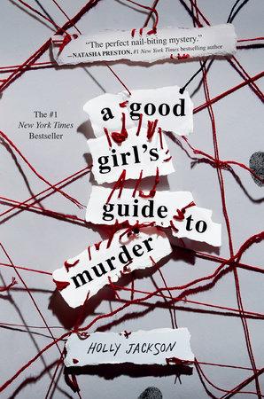 Text reads "a good girl's guide to murder" across a board of red strings 