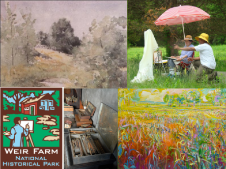 From top left, a watercolor painting of a rustic country trail, two people under an umbrella painting in plein air, a brightly multicolored painting of a natural landscape, a wooden box with paintbrushes in it, a logo of Weir Farm National Historical Park