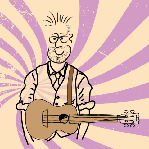 Man Holding Guitar with purple and cream spiral behind