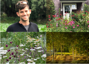 Man smiling with sunglasses pushed back on his head, wearing a black top, standing outdoors, accompanied by three photos of his landscaping work showing different outdoor environments