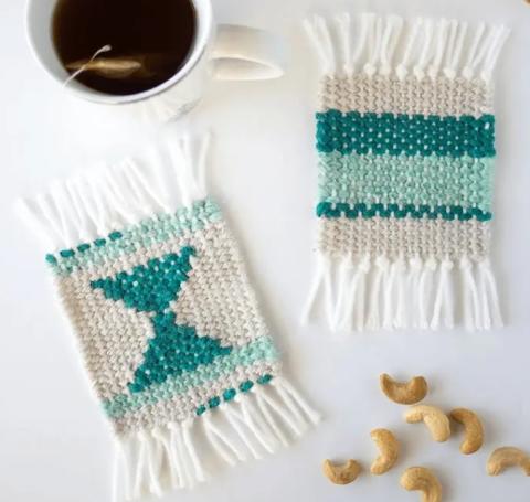 image of two hand woven white and blue coasters