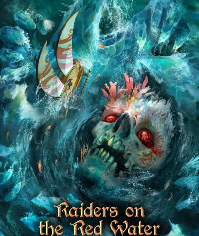 a boat in a whirlpool with a giant skull covered in coral at the center