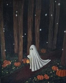 Little ghost carrying a lantern and walking through the woods