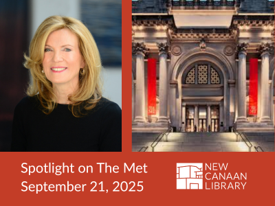 White woman with long blonde hair in black sweater smiling at left with image of exterior of Metropolitan Museum of Art at night