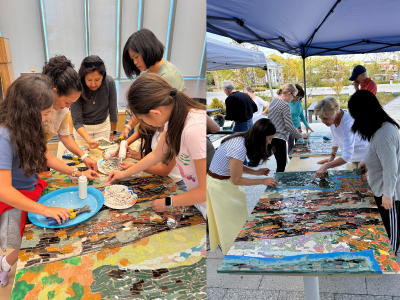 two images side by side, on the left a group of young people tiling with mosaics, on the right a group of adults grouting the mosaics on a table outdoors