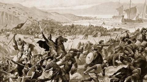 Sepia image showing anglo saxon warriors in the dark ages. 