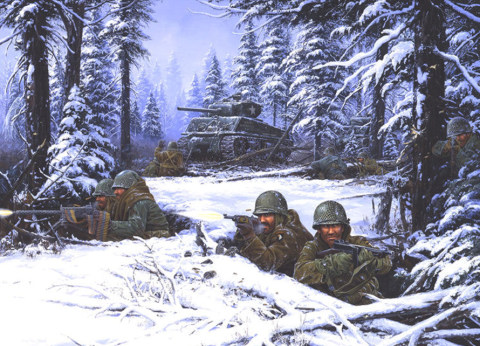 Painting depicting a winter forest with soldiers and a tank.