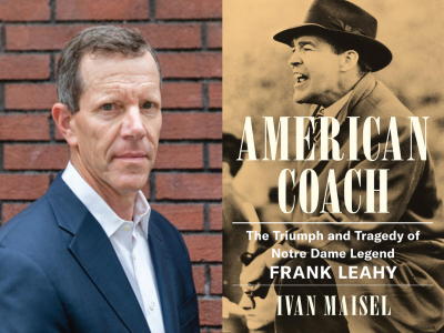 At left, white man with short brown hair, wearing white collared shirt and blue blazer, looking at camera with a serious expression; at right, sepia-toned book cover of a vintage snapshot of a man in a fedora hat yelling as if on the sidelines of a football game
