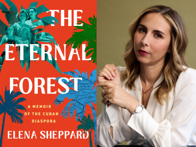 Red book cover of The Eternal Forest on left with images of palm trees and archival photo and map, with author photo at right of white woman with long blonde hair looking at camera
