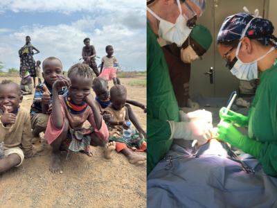 At left, a group of young Black African children smiling; at right, white surgeons operating wearing green scrubs and masks