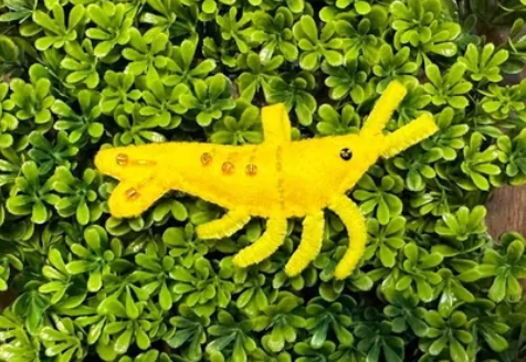picture of a felt shrimp on a green planted background