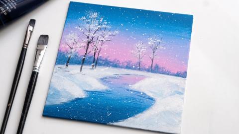 painting of a river in the snow