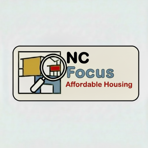 Library logo with magnifying glass over it, and words NC Focus Affordable Housing to the right