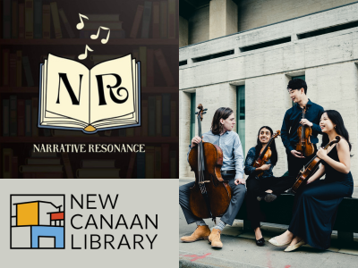 Clockwise: Logo of open book with letters "N" on left page and "R" on right page at top left; photo of seating and standing musicians holding their chamber instruments and casually chatting with each other; multicolor New Canaan Library logo