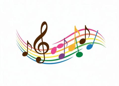 Black treble clef and musical notes floating against a white background