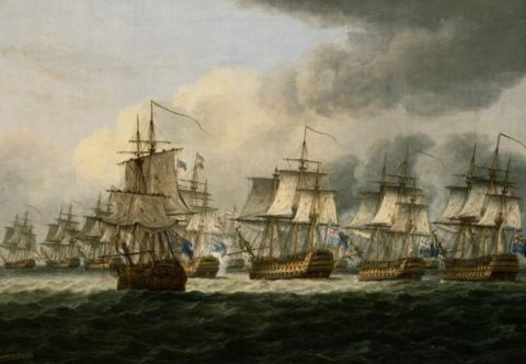 Painting of tall ships in battle. 