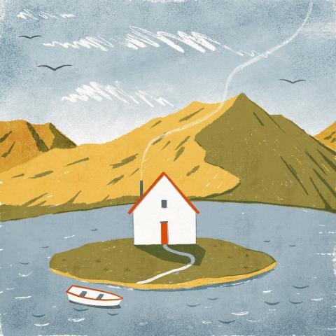 painting of a house on an island in the middle of a lake 