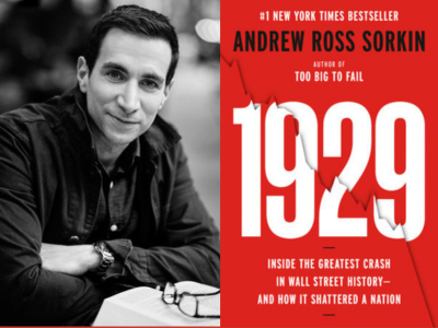 Black and white image of white man sitting at a table with arms crossed at left, red book cover at right with 1929 in big white numbers