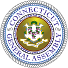 Seal of the Connecticut General Assembly in a crest surrounded by gold and a encircled in blue and white border