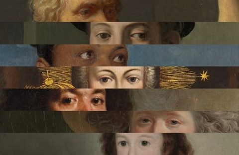 Cross sections of paintings collaged together that show the subjects' eyes only