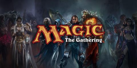 Magic the Gathering Logo over a digital painting of fantasy knights and creatures