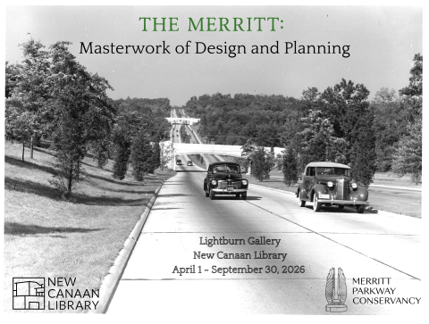 Vintage image of Merritt Parkway with cars driving toward us and two bridges visible in the background