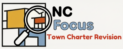 Image of New Canaan Library colorful logo with a magnifying glass over it and the words: NC Focus Town Charter Revision
