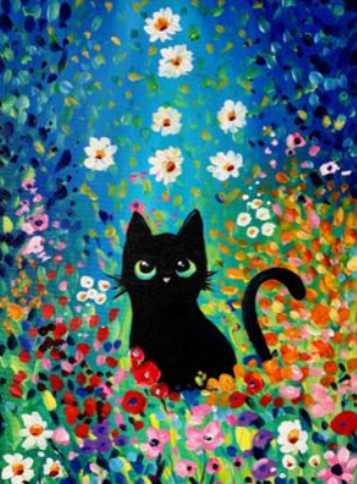 acrylic painting of a black cat surrounded by flowers