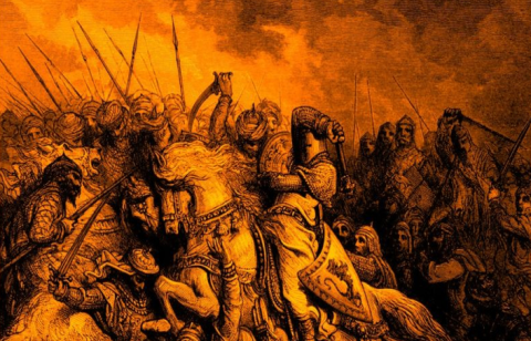 sepia painting of a battle during the crusades