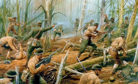 Painting of soldiers in the woods. 