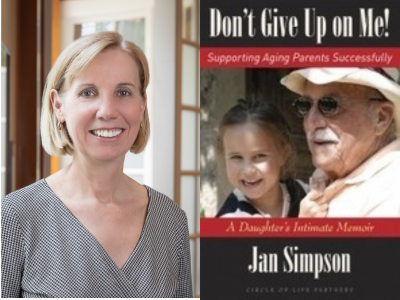 At left, photo of author--white woman with blond hair smiling; at right, book cover with small white girl standing next to elderly white man 