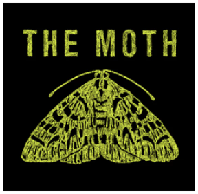 Green illustration of a moth with the words The Moth above it 