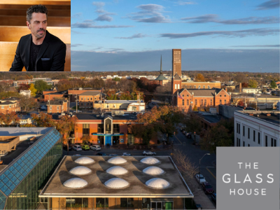 Image of Columbus, Indiana, with speaker photo superimposed (white man with brown hair) and logo of the Glass House