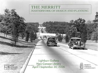 Picture of Merritt Parkway from the 1930s in black and white with classic cars driving on it