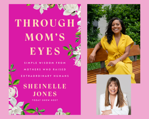 book cover and Sheinelle in a yellow dress and a photo of Liz