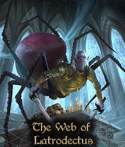painting of a hal-man, half-spider looming over some treasure